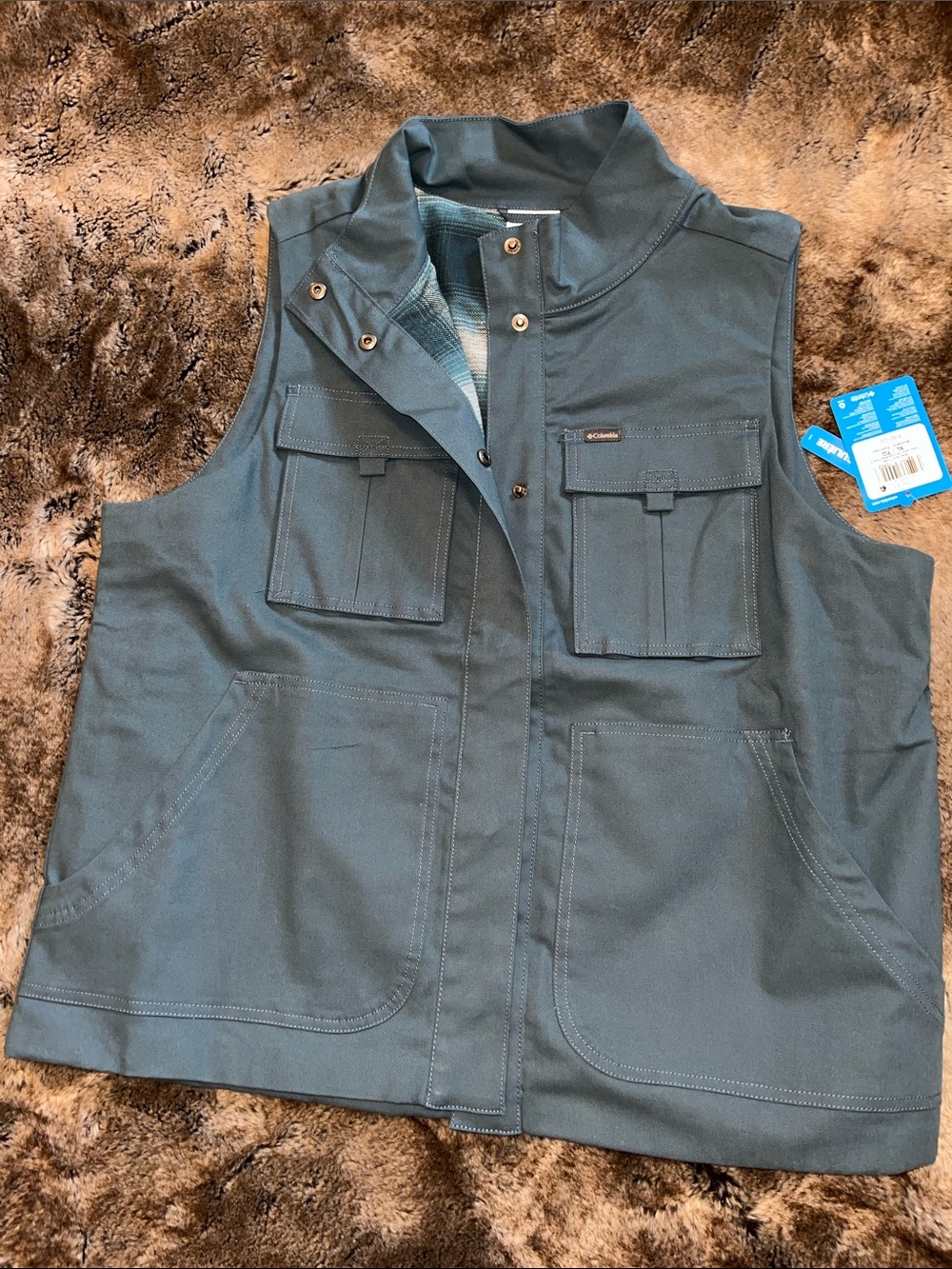 Columbia Utility Vest Womens XL Pockets Button Up Lined Canvas Cotton blue $90